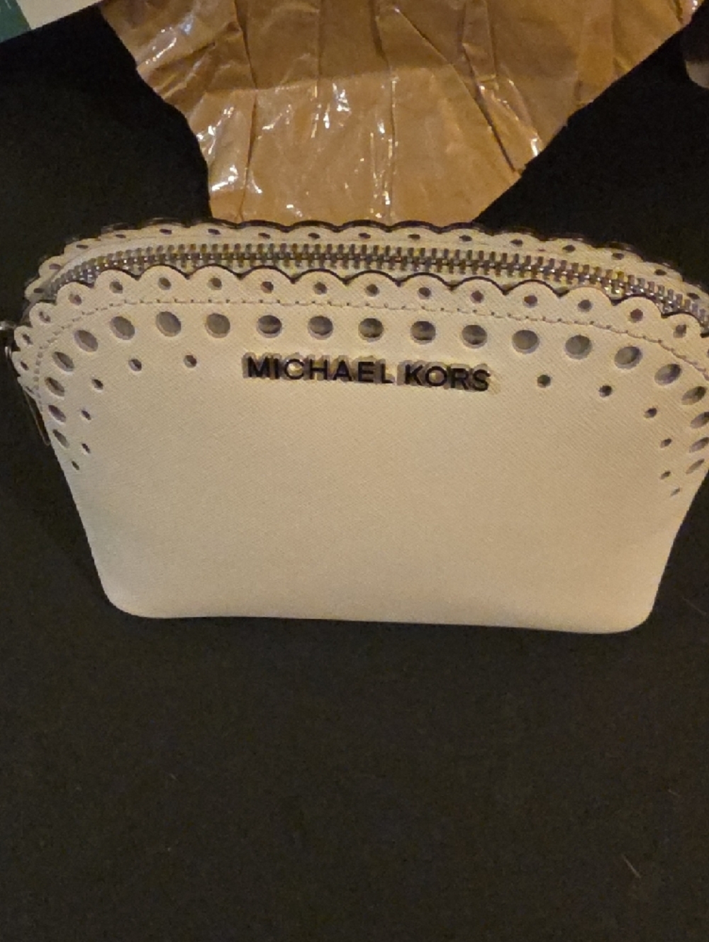 Michael Kors White Perforated Saffiano Leather  Cosmetic Bag - Picture 3 of 14